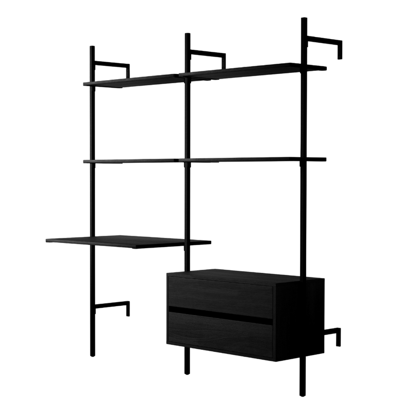 Frame Walk-In 2 Reihen Kleiderstangensystem - (2 Regale + 1 Tisch / 2 Regale + 1 Kommode) in schwarzem minimalistischen Design