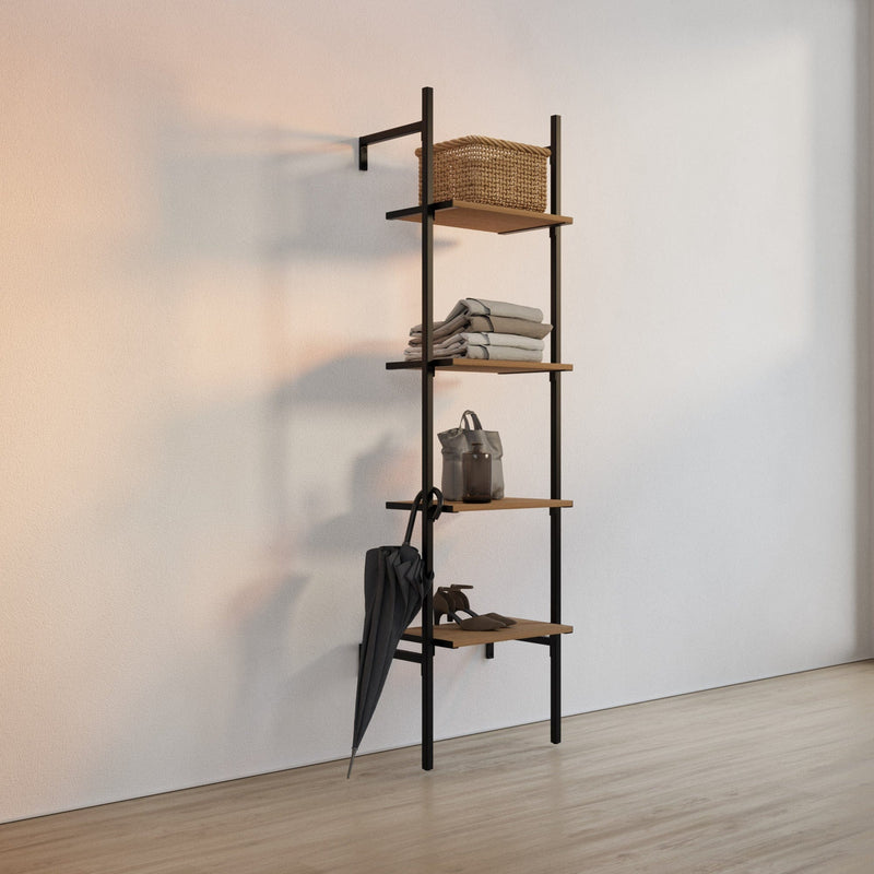 Frame Walk-In 1 Reihen Kleiderstangensystem - (4 Regale) aus Metall und Holz für platzsparende Wandaufbewahrung