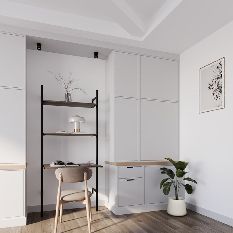 Wandmontiertes Regalsystem mit Schreibtisch aus Räuchereiche im minimalistischem Design fürs Homeoffice
