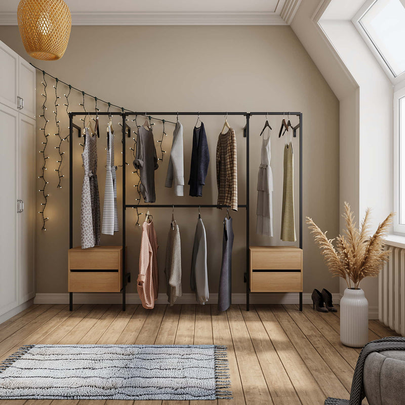 offener Kleiderschrank mit viel Hängeplatz und integrierten Schubfächern aus Eichenholz minimalistisches Design