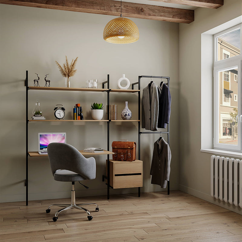 moderne Jugendzimmereinrichtung mit Regalsystem mit Schreibtisch und Kommode und zwei Kleiderstangen für Jacken