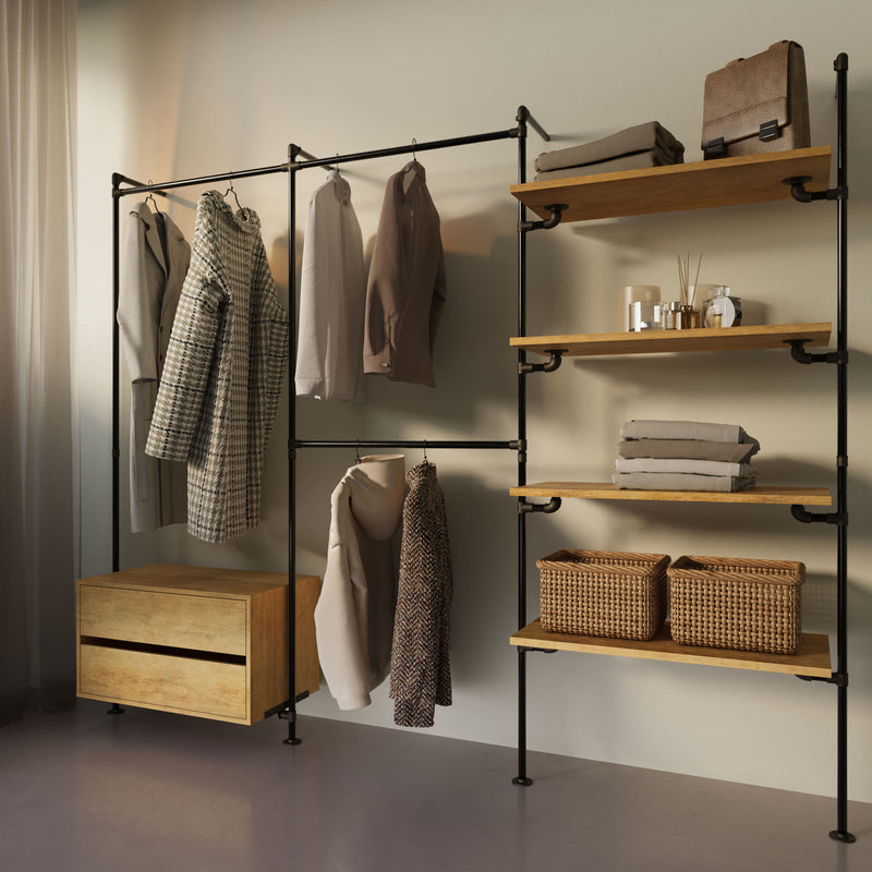 Original Walk-In 3 Reihen mit Kommode - (1 Stange + 1 Kommode / 2 Stangen /  4 Regale)