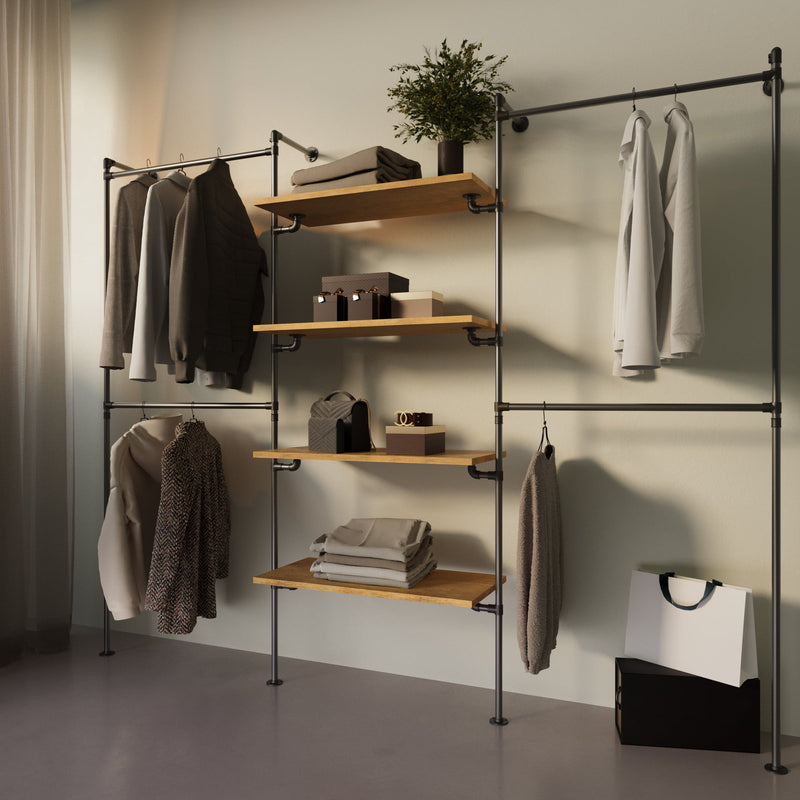 Original Walk-In 3 Reihen Kleiderstangensystem - (2 Stangen / 4 Regale / 2 Stangen)